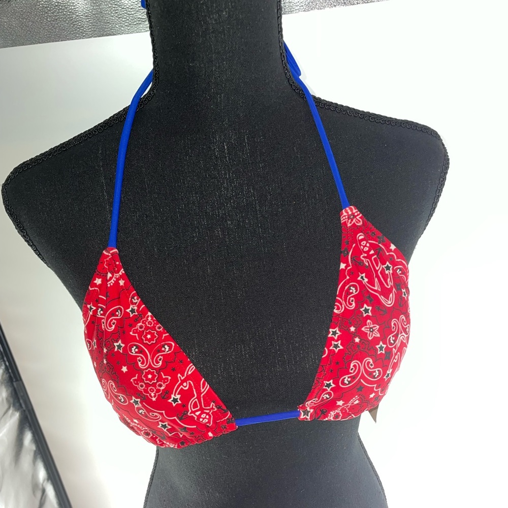 Red and blue bandanna print bikini top